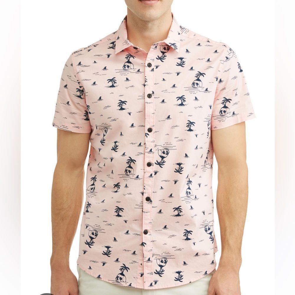 George Young Men's SS Printed Shirt Pink Skull Palm Tree Print XL (46-48) Nwt‎